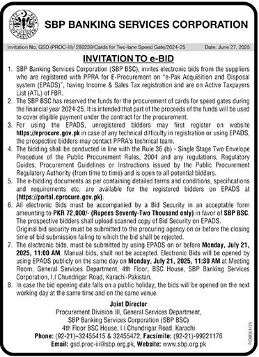 SBP Banking Services Corporation Karachi Tender Notice